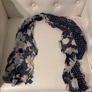 Lauren Ralph Lauren Floral 💯 Silk Scarf Black and Cream, polka dots